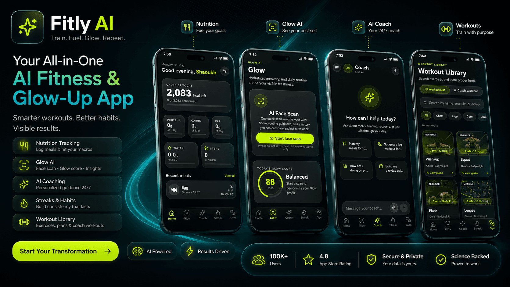 Fitly AI all-in-one showcase featuring nutrition, Glow AI, coach, streaks and workouts
