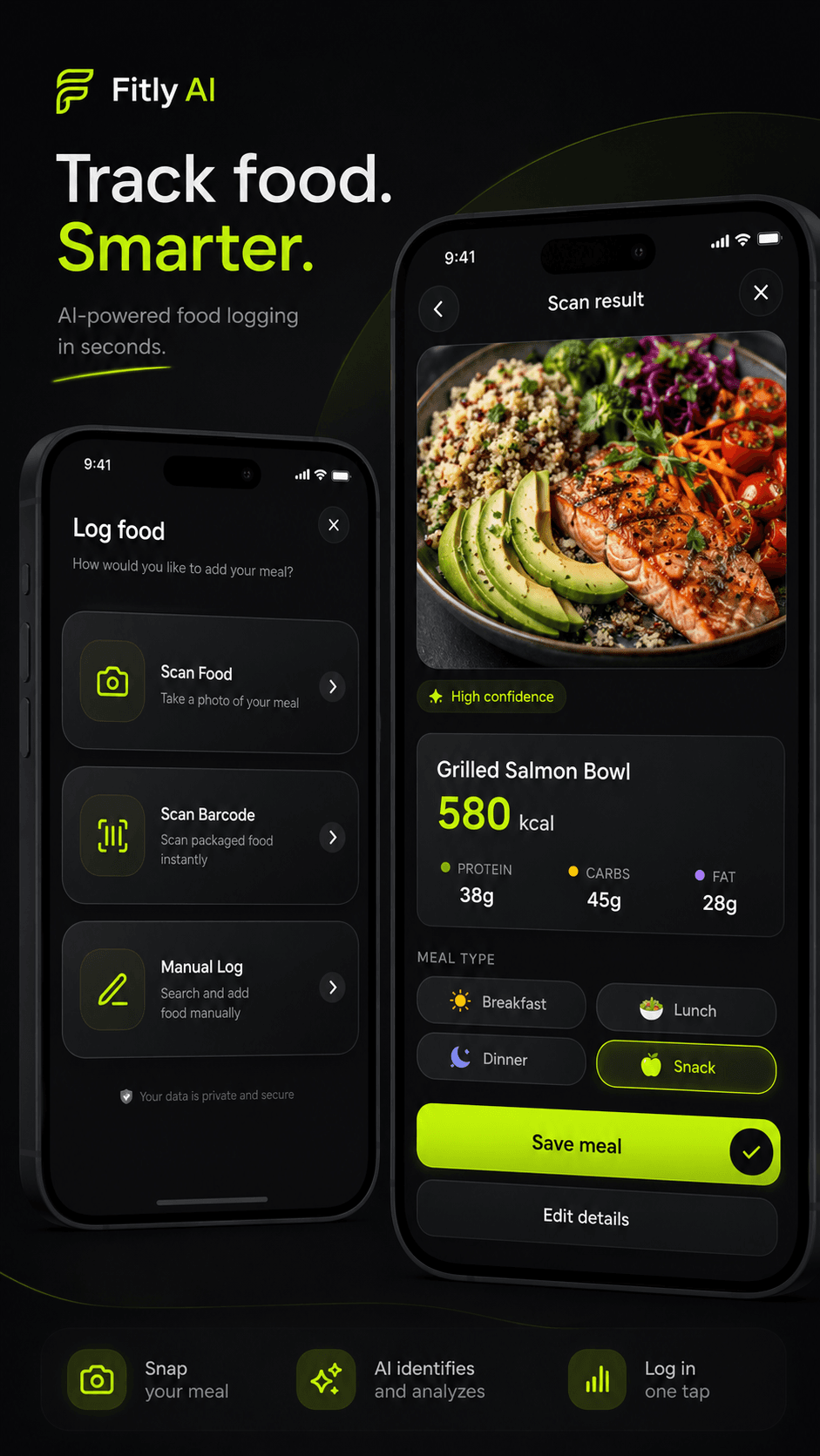 AI food scan recognising a meal with calorie and macro breakdown