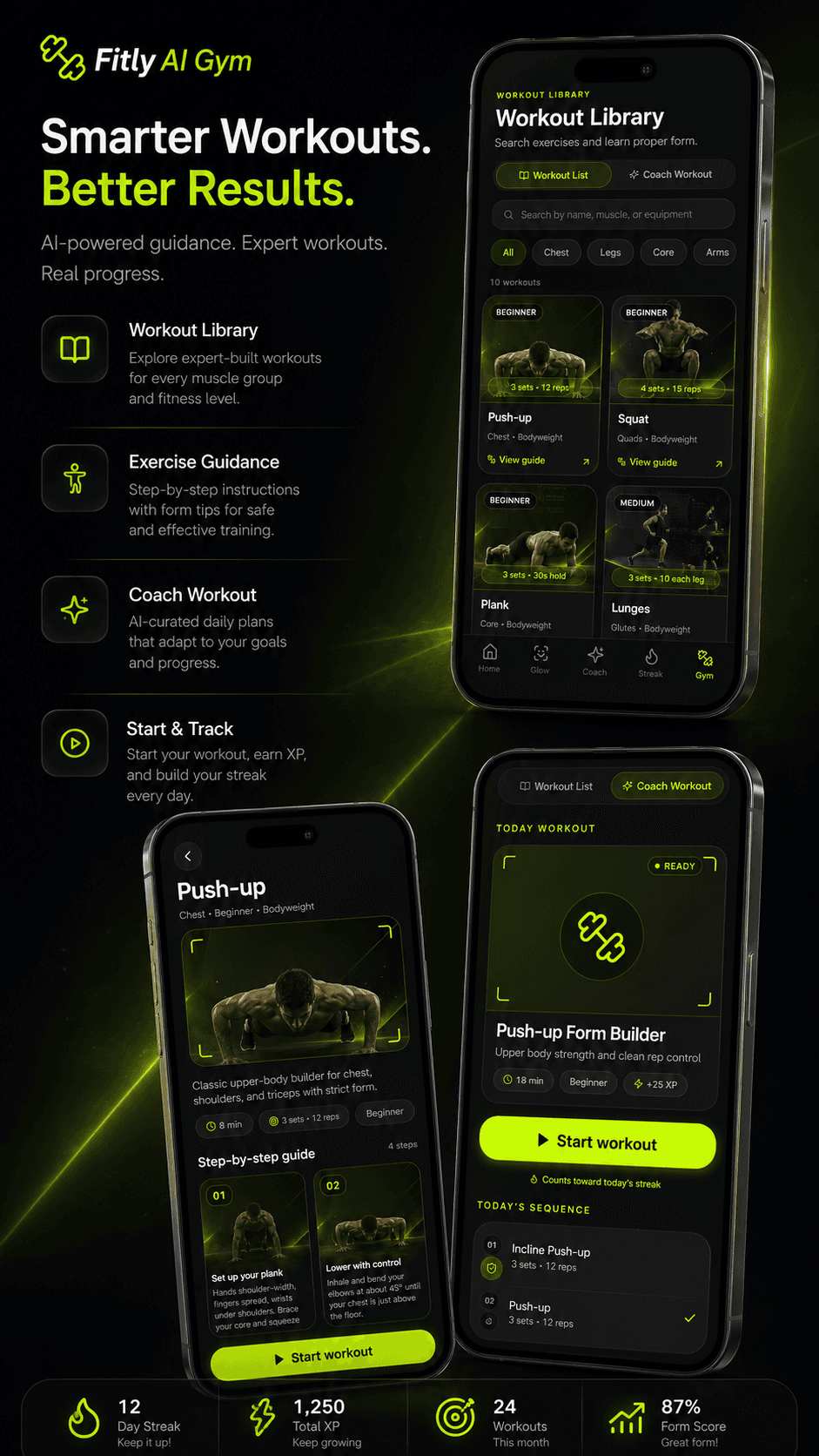 Gym premium showcase with workout library, coach workouts and exercise guidance