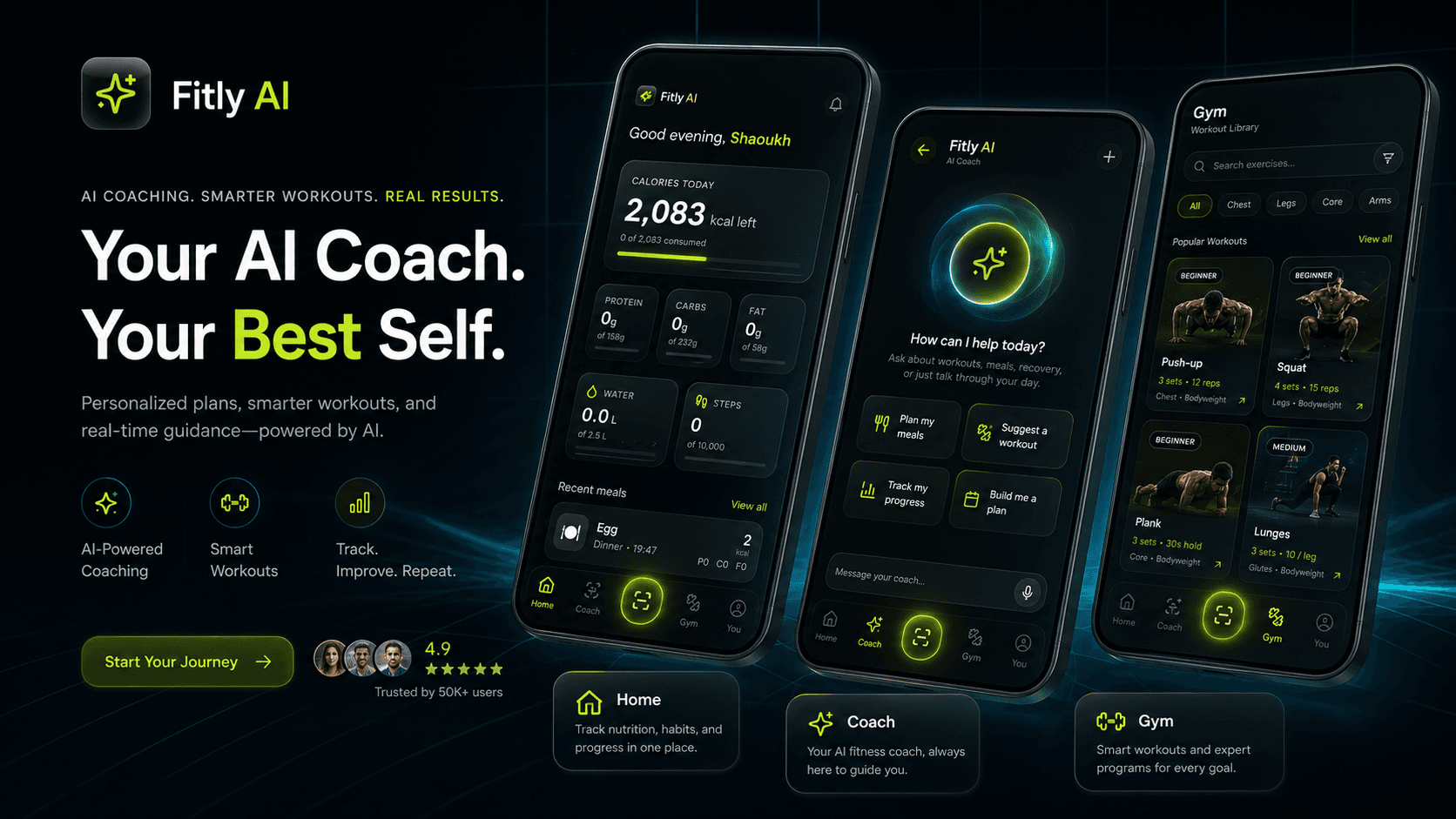 Fitly AI preview showing home dashboard, streak and quick actions