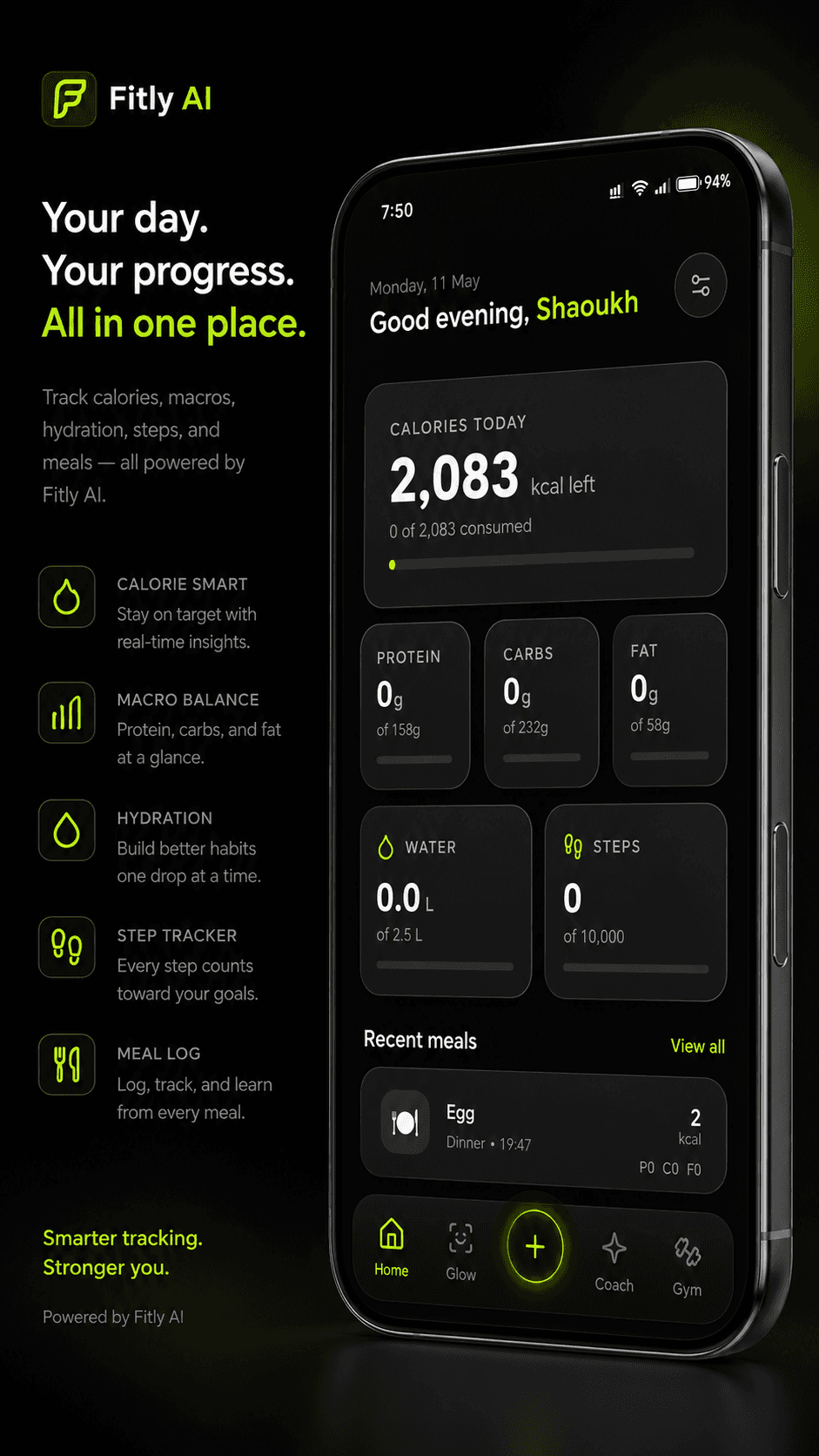 Home dashboard showing calories, macros, hydration, steps and recent meals